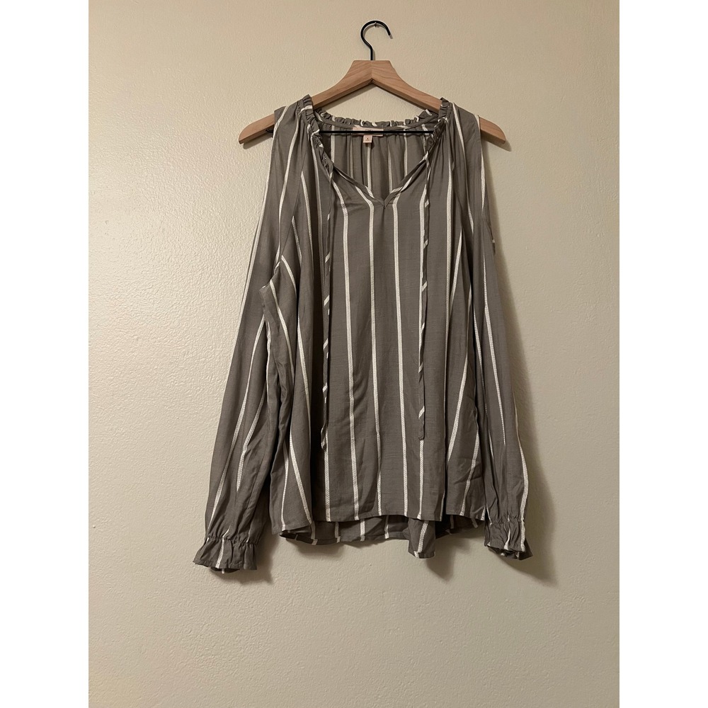 Como Vintage Women Olive Gray White Striped Cold Shoulder Ruffle Blouse Large